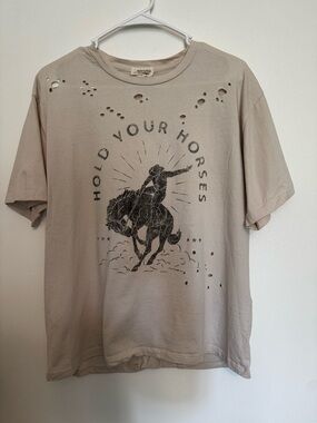 Distressed 'Hold Your Horses' Graphic Tee - Beige